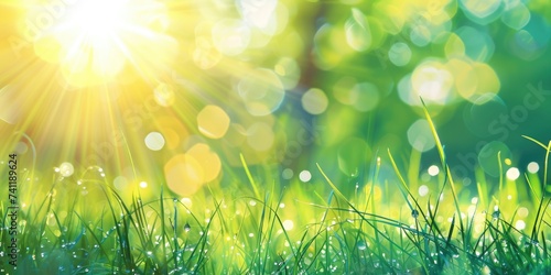 Green grass at sunlight, low angle view banner background photo