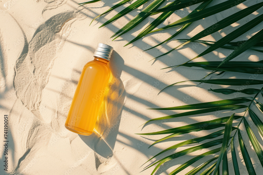Top view Mock up bottle of sunscreen with tropical leaves on sand beach Top view Mock up bottle of sunscreen with tropical leaves on sand beach