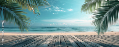 Wooden floor with tropical palm tree on the sea beach and blue sky