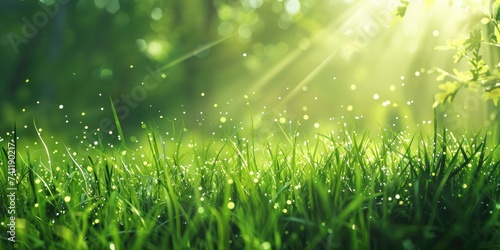 Green grass at sunlight, low angle view banner background