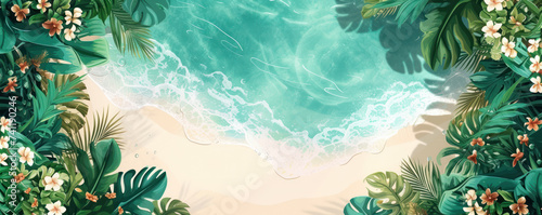 Top view illustration island sea beach with tropical plants palm trees, Summer holiday background
