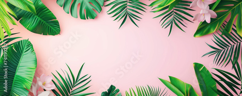 Frame of tropical palm leaves on pink background