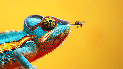 Colorful chameleon catches flies with outstretched tongue. photo