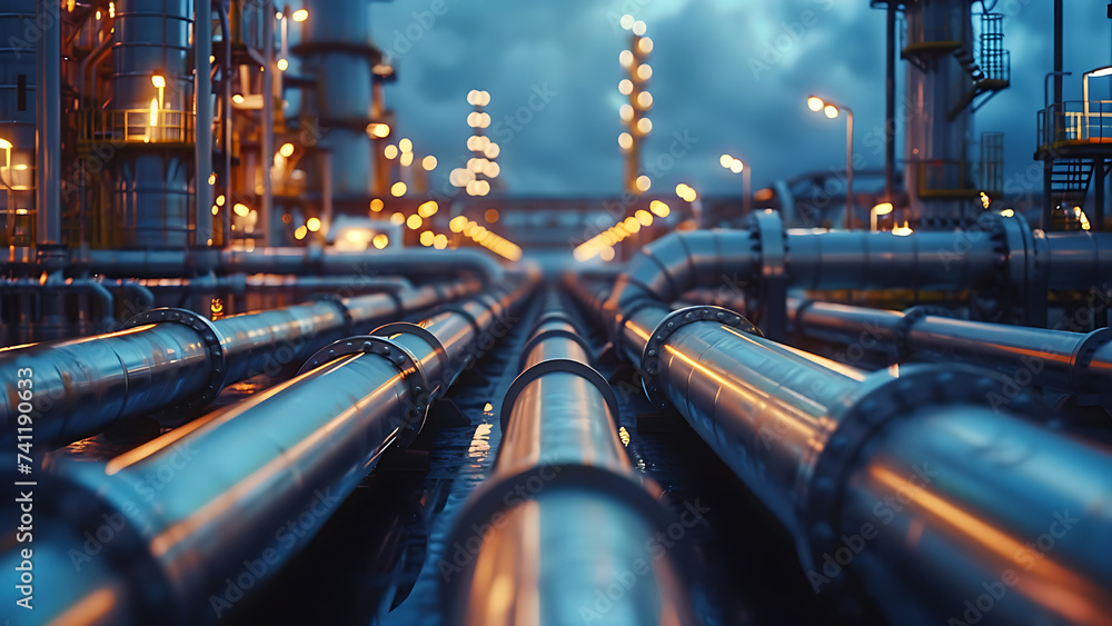 Pipe line connection in oil refinery, chemical, hydrogen or ammonia industrial plant. - obrazy, fototapety, plakaty 