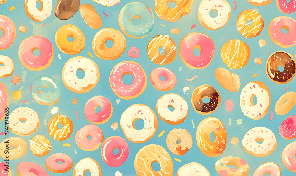 Cartoon watercolor donuts pattern background, Generative AI Cartoon watercolor donuts pattern background, Generative AI
