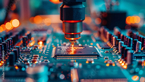 Printed Circuit Board Being Assembled with Automated Robotic Arm.