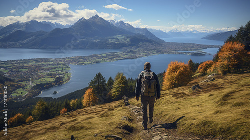 person in the mountains 8K wallpaper Stock Photographic Image
