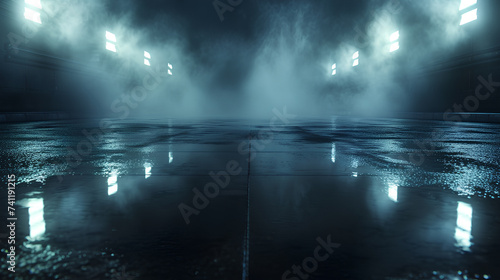 Nighttime street scene, wet road from rain, and smoky fog © Jet_Chaiyasing