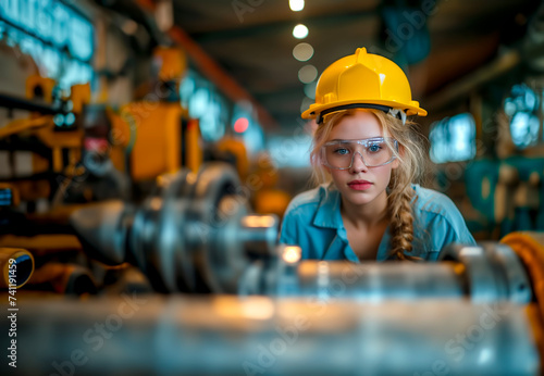 Industrial factory female worker wearing a safety helmet while using machinery in the workplace