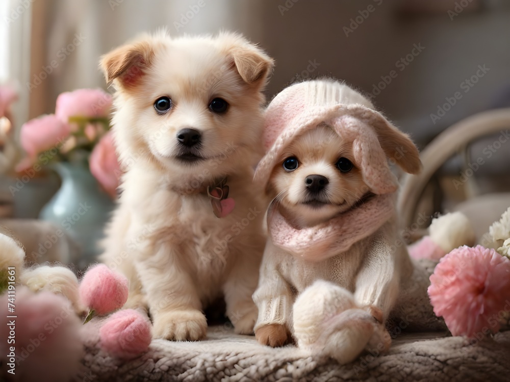 two puppies in a basket