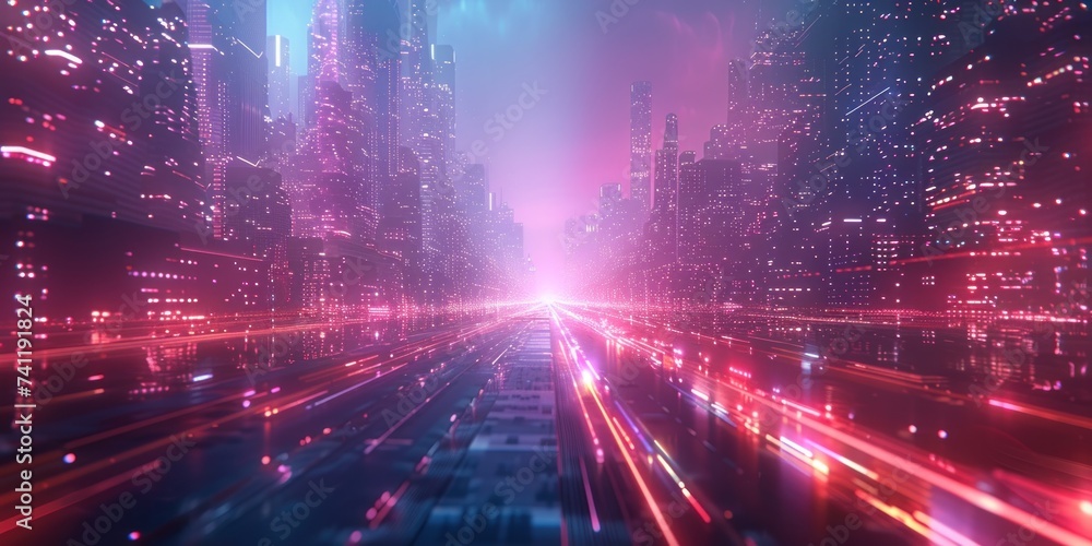 Vibrant neon lights illuminating a wet highway in a futuristic cityscape at night.