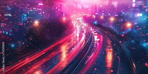 Vibrant neon lights illuminating a wet highway in a futuristic cityscape at night. © Thares2020