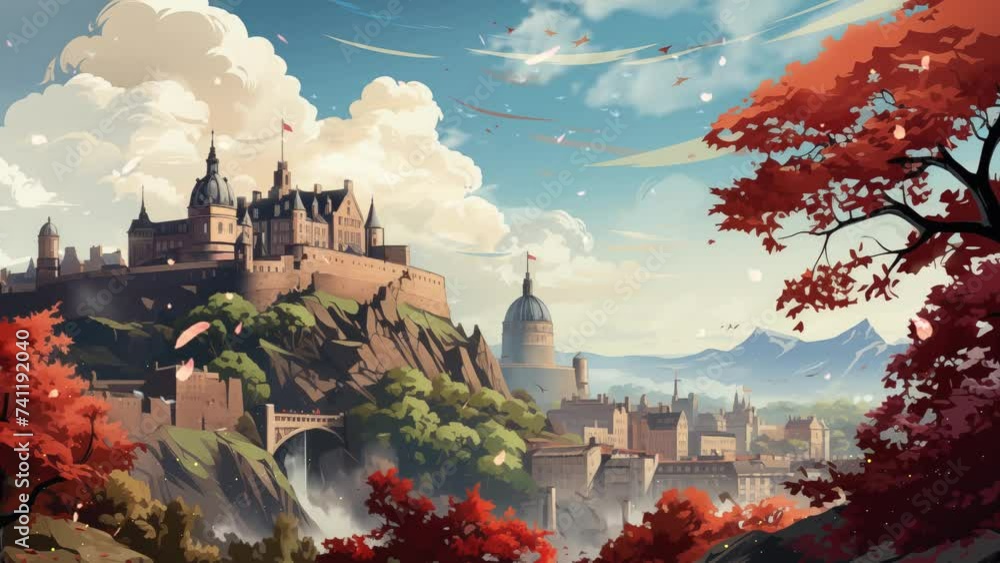 castle on a hill. fantasy background. anime cartoon background ...