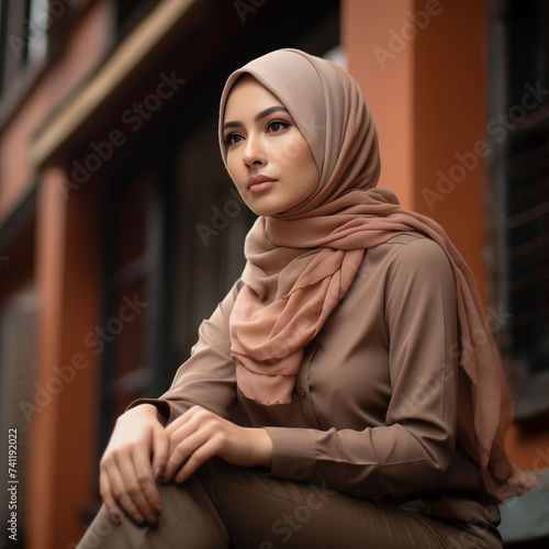 a photo of muslim woman sitting at the stairs