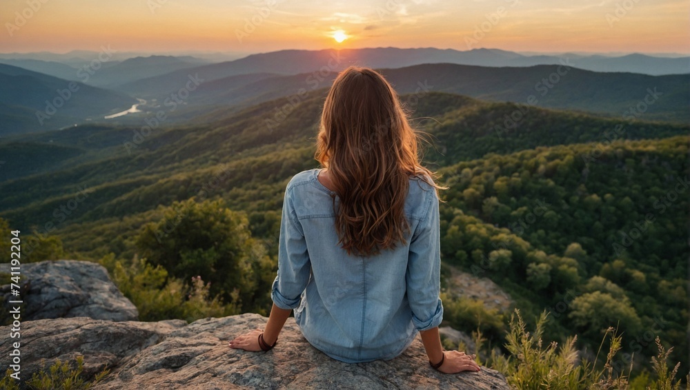 Happy woman sitting on top of a mountain and looking at the sunset