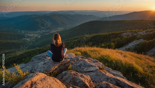 Happy woman sitting on top of a mountain and looking at the sunset