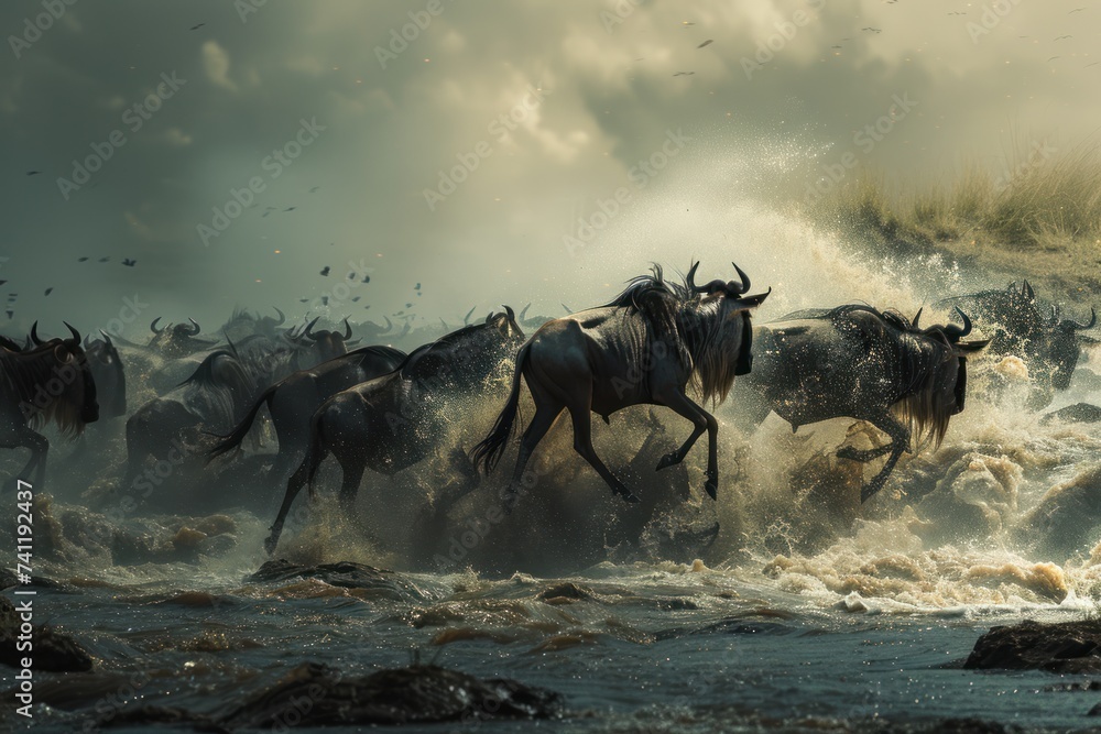  Wildebeests crossing the Mara river  - obrazy, fototapety, plakaty 