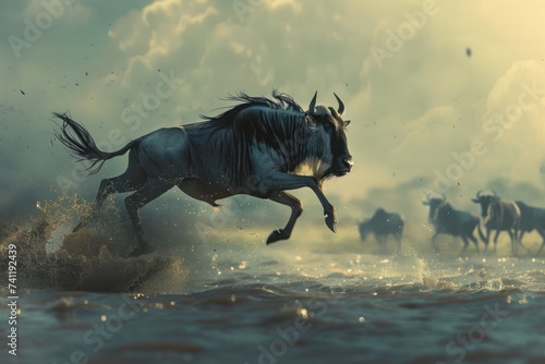 Wildebeests crossing the Mara river  photo