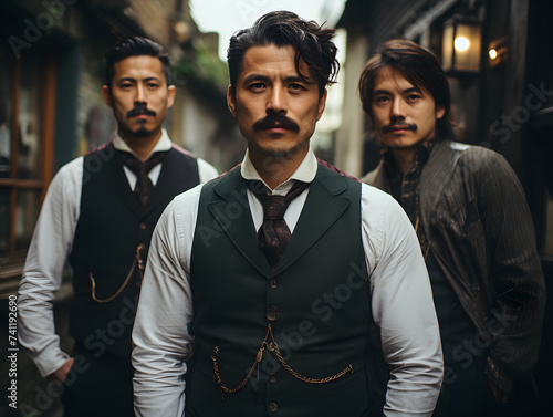 Portrait of Three Masculine Asian Man in Black and White Vintage Outfit. Asian Gangster Group