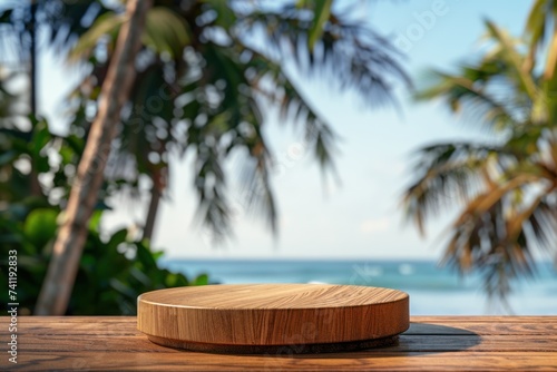 Wooden podium for product display on the  beach  © CStock