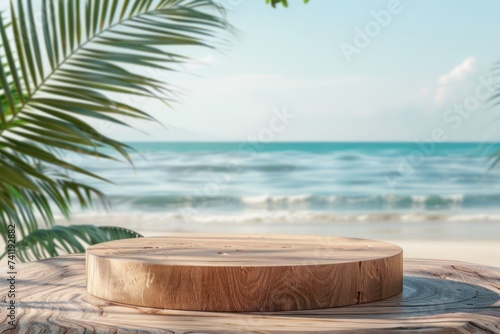 Wooden podium for product display on the beach 