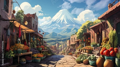 beautiful nature illustration. vibrant markets atlas mountains background. anime cartoon background illustration concept. . seamless looping overlay 4k virtual video animation background  photo