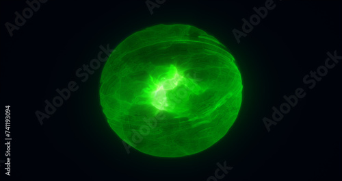 Energy abstract green sphere of glowing liquid plasma, electric magic round energy ball background