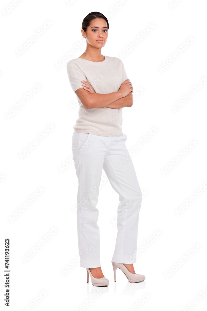 Fashion, serious woman and portrait with arms crossed in studio for confidence, attitude or style on white background. Clothes, pride or female model posing in trendy, cool or neutral outfit choice Fashion, serious woman and portrait with arms crossed in studio for confidence, attitude or style on white background. Clothes, pride or female model posing in trendy, cool or neutral outfit choice