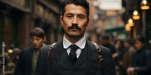 Portrait of Masculine Asian Man in Vintage Clothes. Gangster Group in 1920 © Resdika