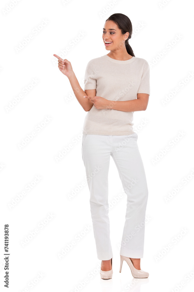 Happy, woman and hand pointing to mockup in studio for announcement news, presentation or info on white background. Face, smile and female model show space for steps, menu or giveaway guide promo Happy, woman and hand pointing to mockup in studio for announcement news, presentation or info on white background. Face, smile and female model show space for steps, menu or giveaway guide promo