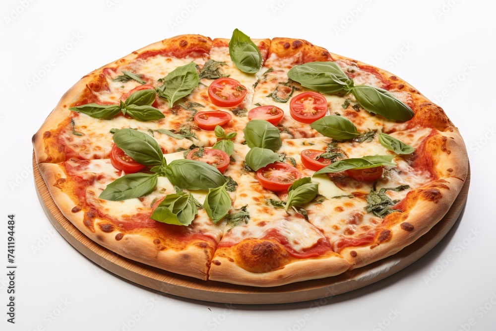 A Margherita pizza isolated on white, Top view of a whole Margherita pizza, Margherita pizza, Italian Margherita pizza, Italian pizza, Cheese pizza, easy to cut out
