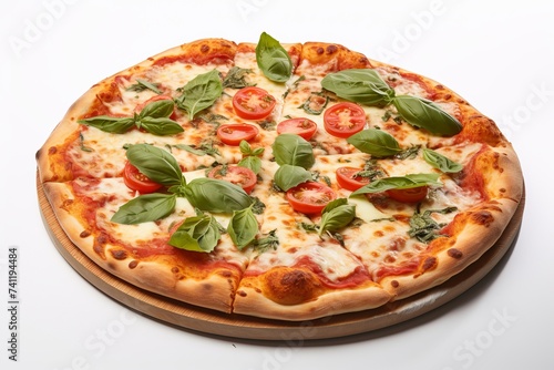 A Margherita pizza isolated on white, Top view of a whole Margherita pizza, Margherita pizza, Italian Margherita pizza, Italian pizza, Cheese pizza, easy to cut out 
