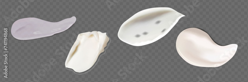 Realistic set of cosmetic cream smears isolated on transparent background. Vector illustration of gel texture substance swatch on surface. Top view of beauty care product sample.