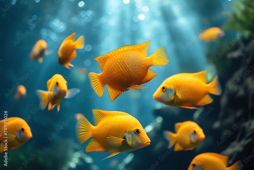 Vivid Yellow Fish Swimming Underwater Vivid Yellow Fish Swimming Underwater