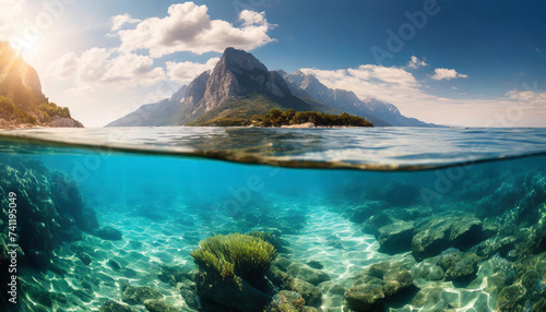 Tranquil underwater scene: clear split view of serene sea and sunny sky, symbolizing harmony and balance