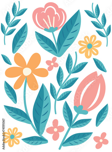 Hand drawn floral design. Spring cute pink and yellow flowers, tulip. Vector illustration for poster, screensaver, wallpaper, wrapping paper.