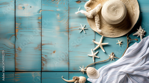 Hat, sunglasses and seashells on blue wooden background, flat lay - top view