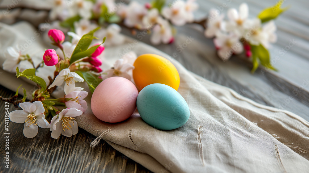 Easter still life with colorful eggs and sakura branches close-up Easter still life with colorful eggs and sakura branches close-up