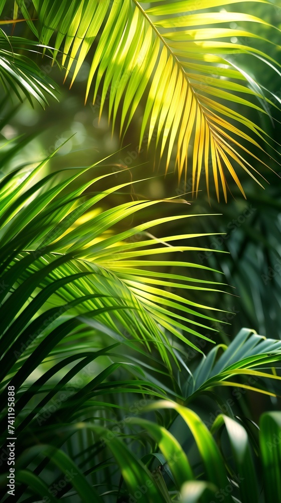 Coastal Whispers: Intricate patterns of palm leaves in macro, gently swaying in wavy motions. Coastal Whispers: Intricate patterns of palm leaves in macro, gently swaying in wavy motions.