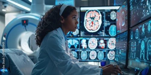 A professional female radiologist reviewing MRI scans in a modern medical imaging room.