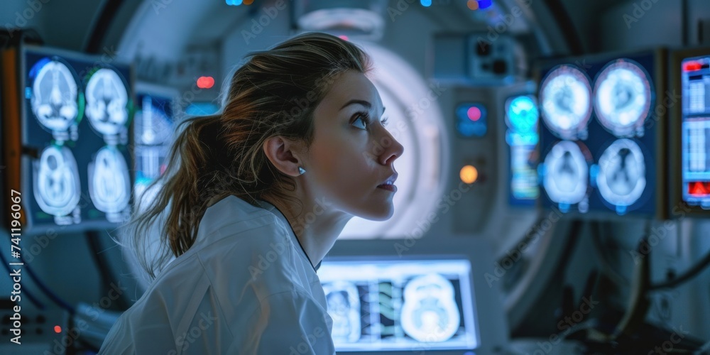 A professional female radiologist reviewing MRI scans in a modern medical imaging room. A professional female radiologist reviewing MRI scans in a modern medical imaging room.