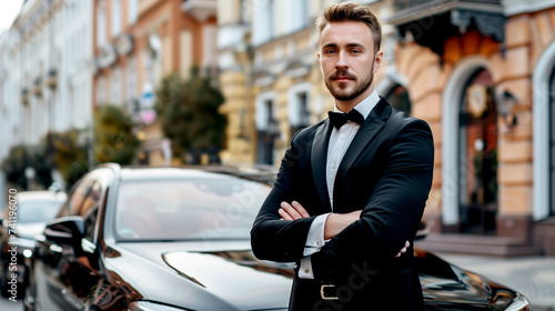 Wallpaper Mural Businessman standing by his car - luxurious life Torontodigital.ca