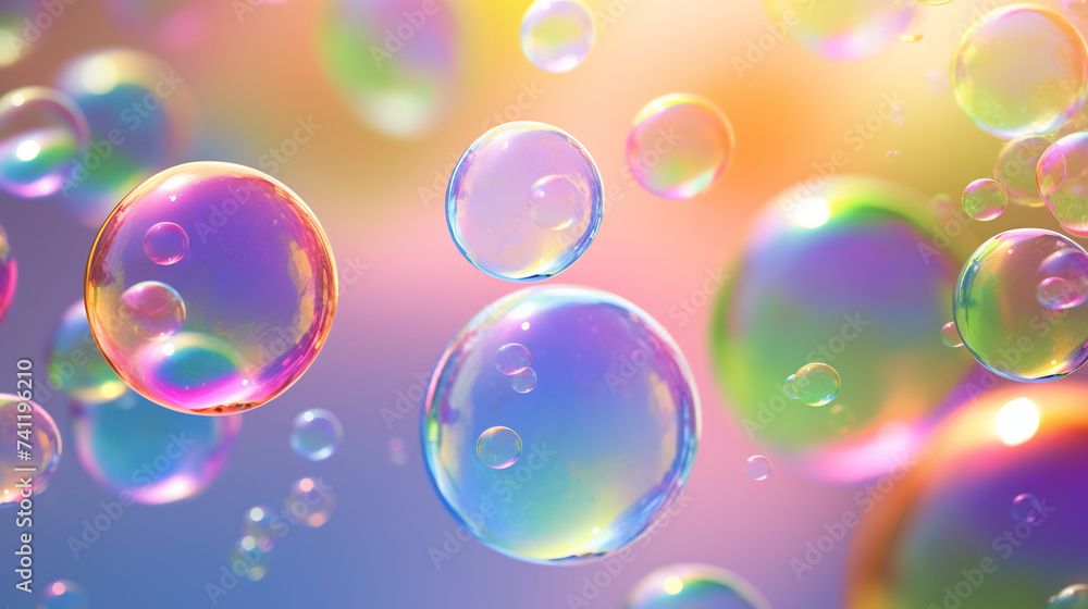 Iridescent Soap Bubbles Floating with Colorful Bokeh, Dreamlike Whimsy and Light Play