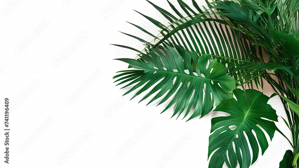 A composition of green foliage from tropical plants forming a flowering bush on a white background in an indoor space with a natural landscape in the background.