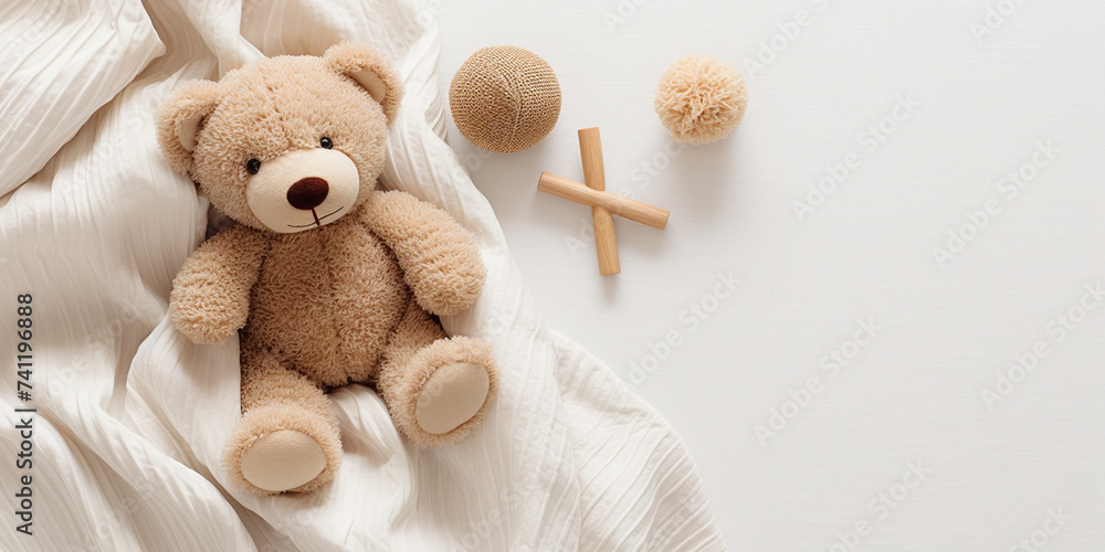 Teddy bear on bed top view,A Teddy Bear Is Resting On A Bed Inside Of White Sheets Background