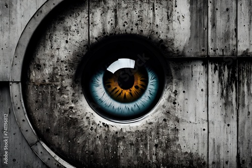 Abstract modern surreal background. Human eye on the grey concrete wall.