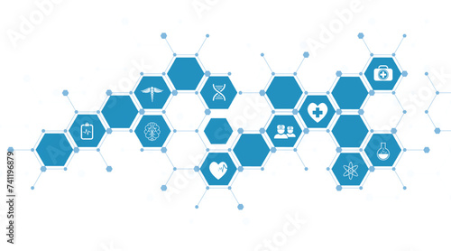 Healthcare and technology concept with flat icons and symbols. Template design for health care business, innovation medicine, pharmaceutical industry, science background, medical research.