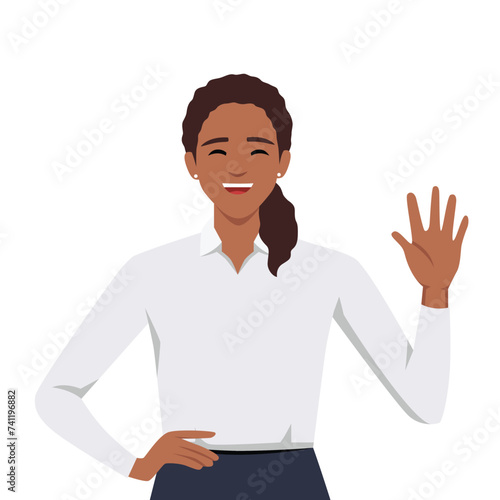 Young good looking woman doing greet pose and say hi and hello while smiling. Flat vector illustration isolated on white background