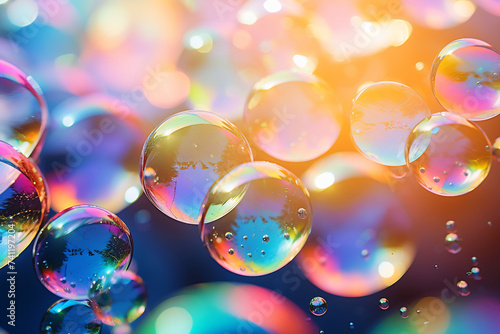 Iridescent Soap Bubbles Floating with Colorful Bokeh, Dreamlike Whimsy and Light Play