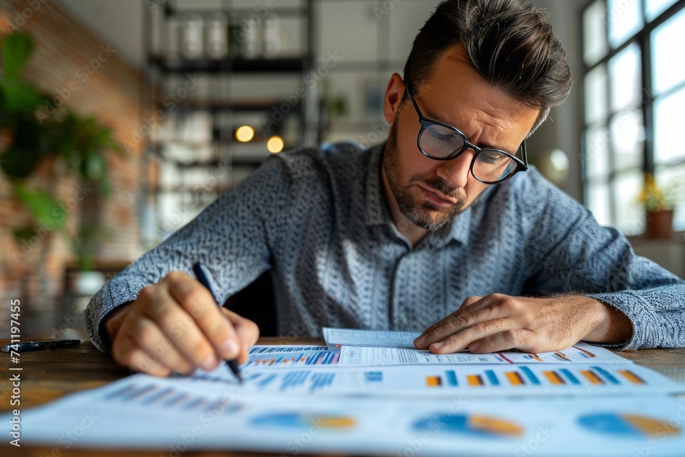 Business executive reviewing financial reports and charts in their office, making critical decisions to drive company growth, Generative AI Business executive reviewing financial reports and charts in their office, making critical decisions to drive company growth, Generative AI